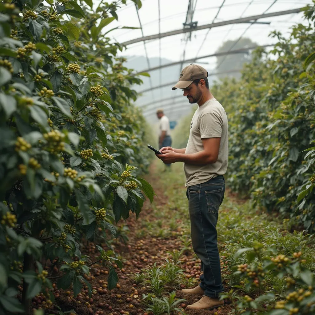 Moderna plantación de café colombiano con tecnología de irrigación avanzada