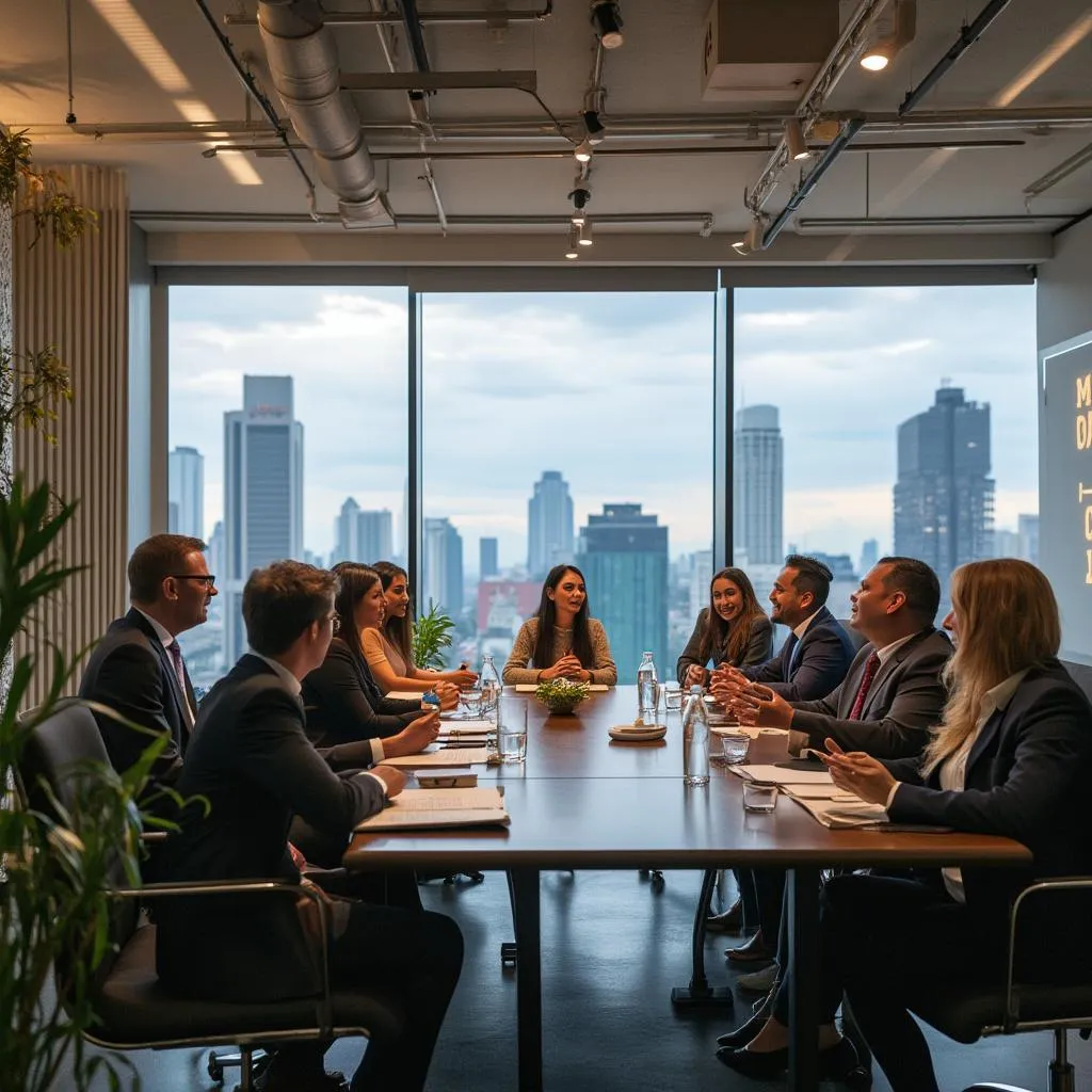 Reunión de negocios en Bogotá con profesionales diversos discutiendo proyectos de inversión