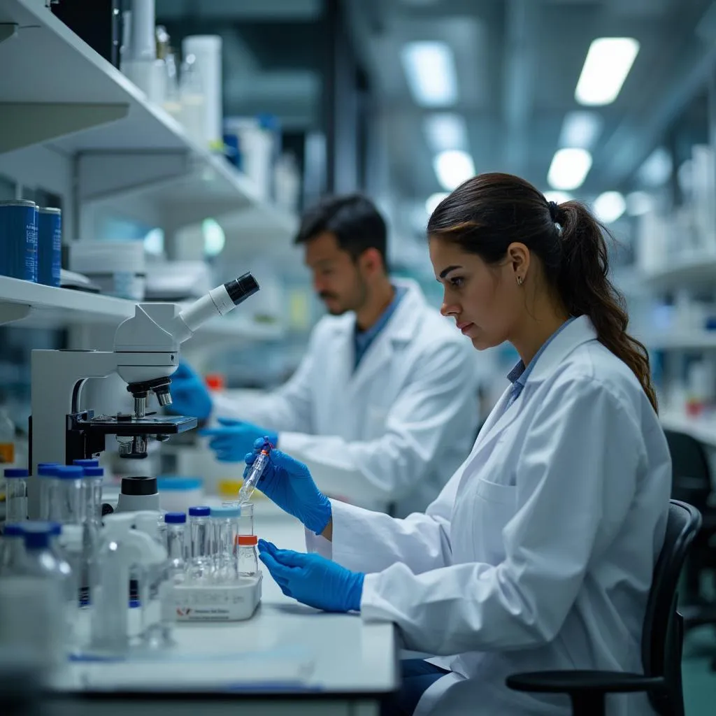 Laboratorio de biotecnología en Medellín con científicos trabajando