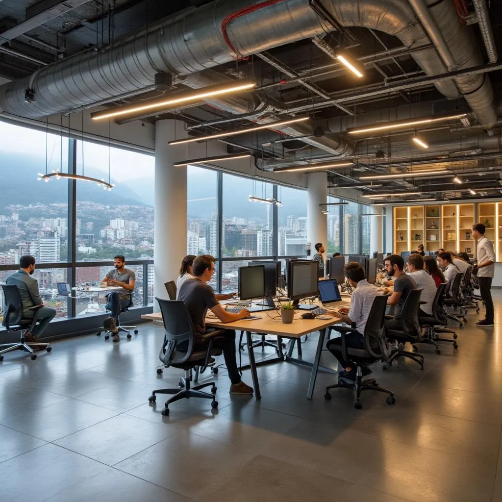 Centro de innovación tecnológica en Medellín con espacios de coworking modernos