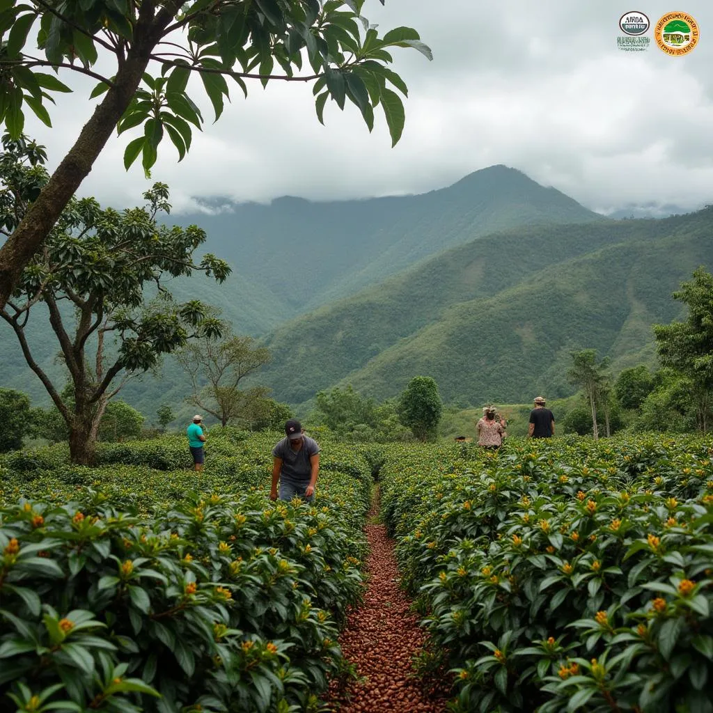 Cultivo de café sostenible en región montañosa colombiana